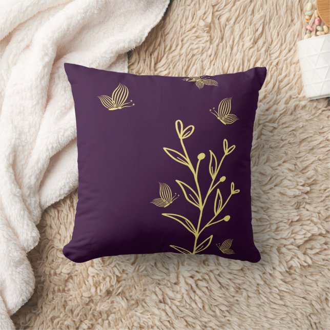 Romantic elegant gold flower purple throw pillow (Blanket)