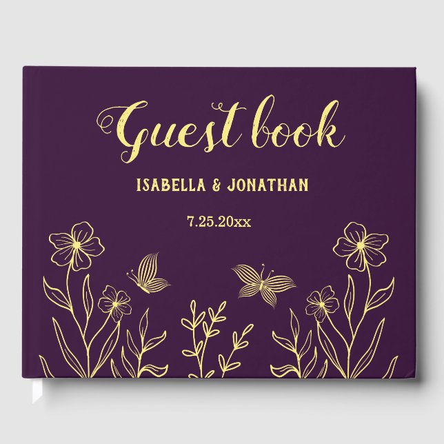 Romantic elegant gold flower purple wedding guest book (Front)