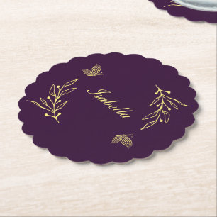 Romantic elegant gold flower purple wedding paper coaster