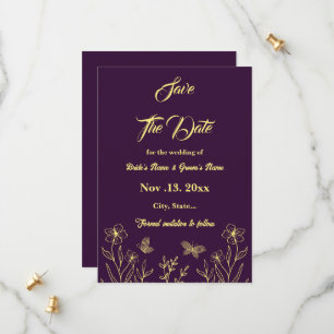 Romantic elegant gold flower purple wedding save the date
