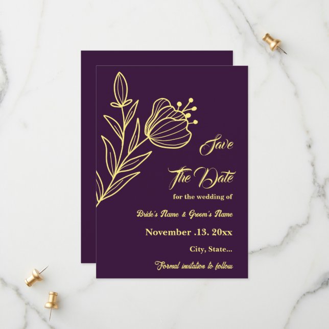 Romantic elegant gold flower purple wedding save the date (Front/Back In Situ)