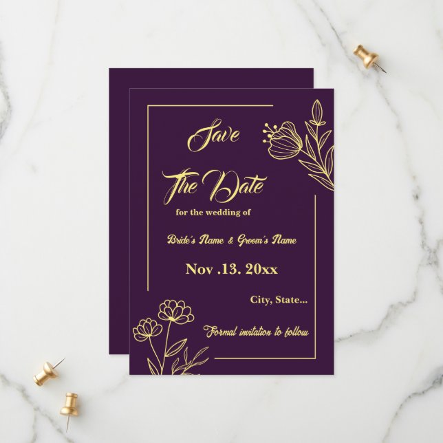 Romantic elegant gold flower purple wedding save the date (Front/Back In Situ)