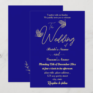 Romantic elegant gold flower royal blue invitation