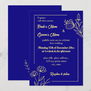 Romantic elegant gold flower royal blue invitation