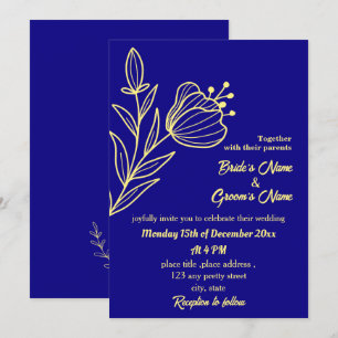 Romantic elegant gold flower royal blue invitation
