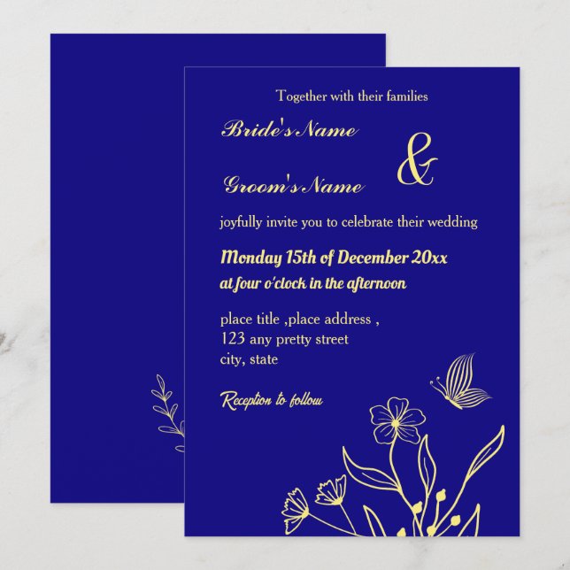 Romantic elegant gold flower royal blue invitation (Front/Back)