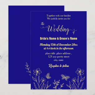 Romantic elegant gold flower royal blue invitation