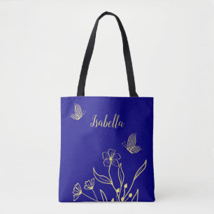 Romantic elegant gold flower royal blue tote bag