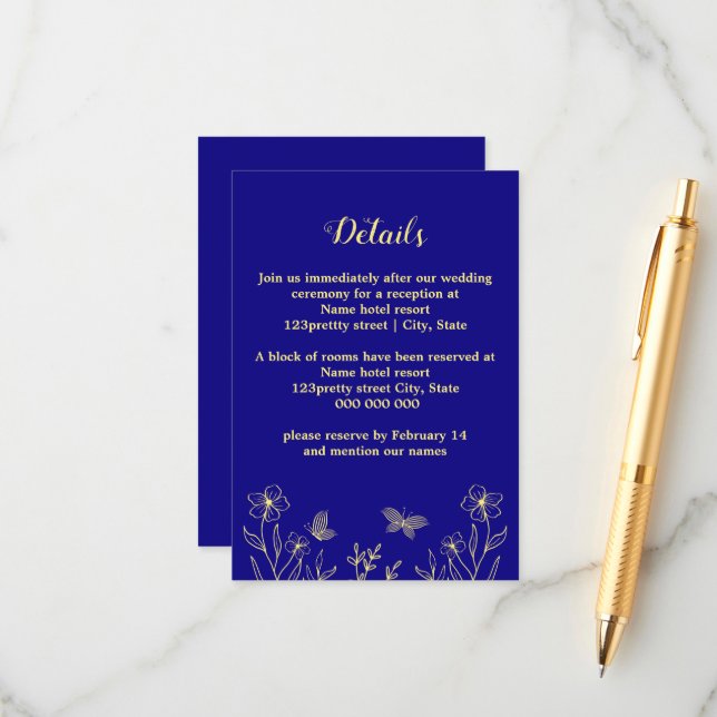 Romantic elegant gold flower royal blue wedding enclosure card (Front/Back In Situ)