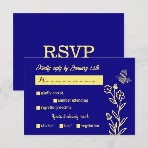 Romantic elegant gold flower royal blue wedding RSVP card