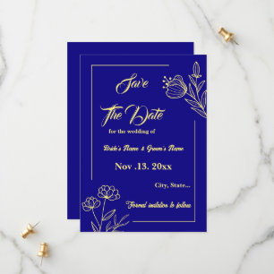 Romantic elegant gold flower royal blue wedding save the date