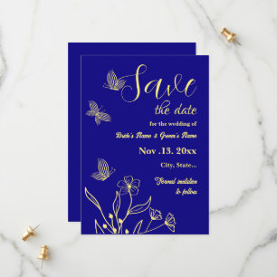 Romantic elegant gold flower royal blue wedding save the date