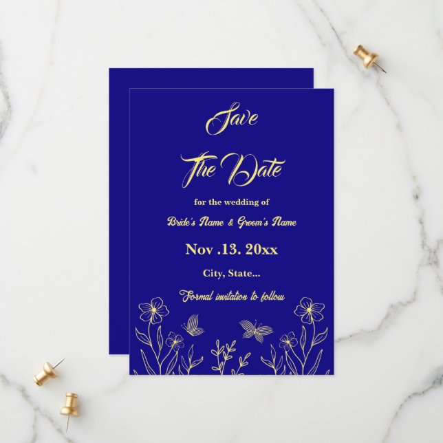Romantic elegant gold flower royal blue wedding save the date (Front/Back In Situ)