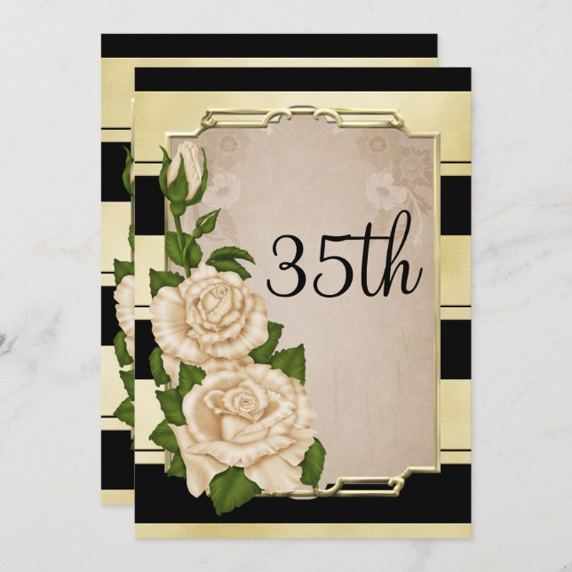 Romantic Elegant Ivory Roses Gold Framed 35th Invitation (Front/Back)