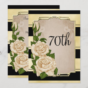 Romantic Elegant Ivory Roses Gold Framed  70th Invitation