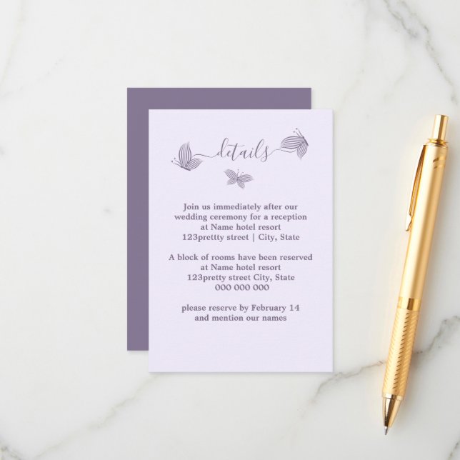 Romantic elegant mauve butterflies wedding enclosure card (Front/Back In Situ)
