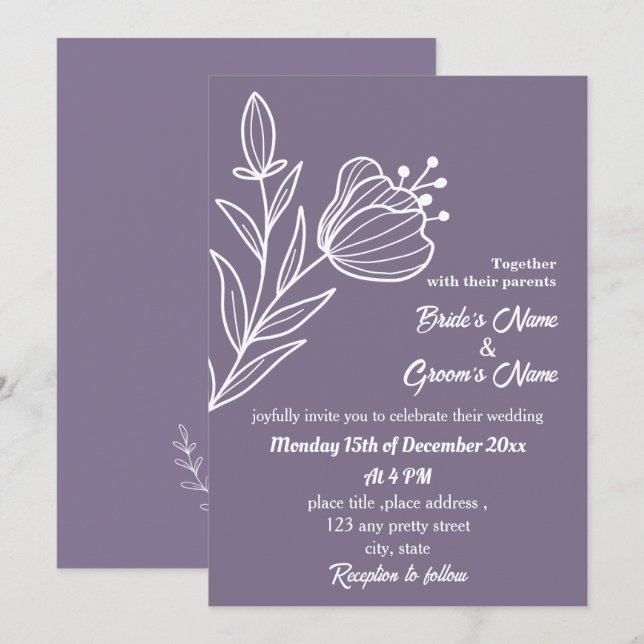 Romantic elegant mauve floral wedding invitation (Front/Back)