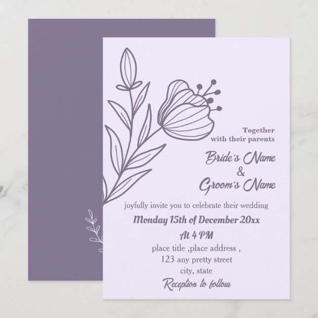 Romantic elegant mauve floral wedding invitation (Front/Back)
