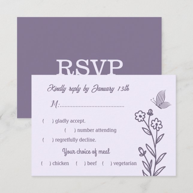 Romantic elegant mauve floral wedding RSVP card (Front/Back)