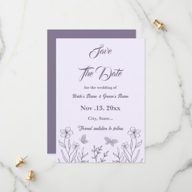 Romantic elegant mauve floral wedding save the date (Front/Back In Situ)