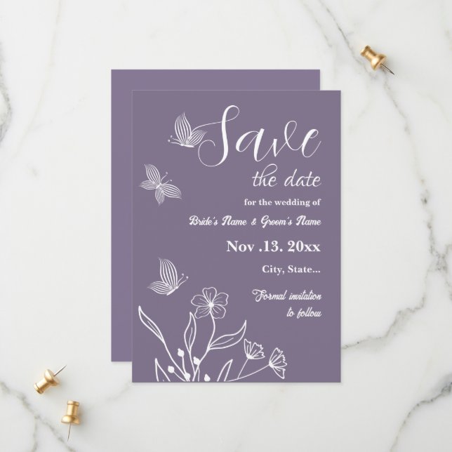 Romantic elegant mauve floral wedding save the date (Front/Back In Situ)