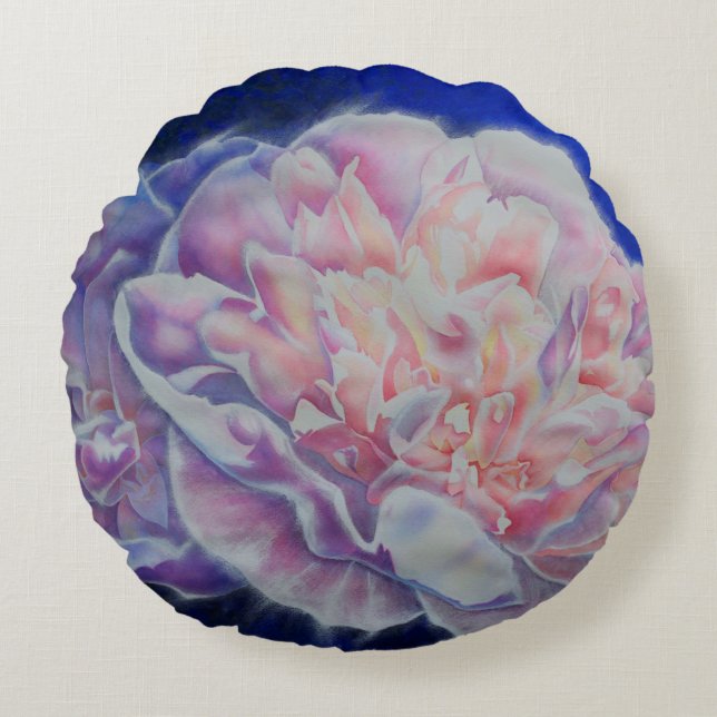 Romantic elegant pink white blue pastel watercolor round pillow (Front)