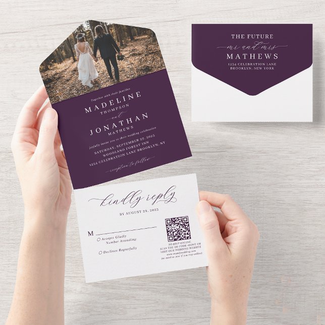 Romantic Elegant Purple Photo QR Code Wedding All In One Invitation (Creator Uploaded)