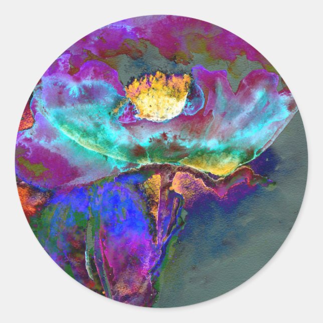 Romantic elegant purple teal flower painting classic round sticker (Front)