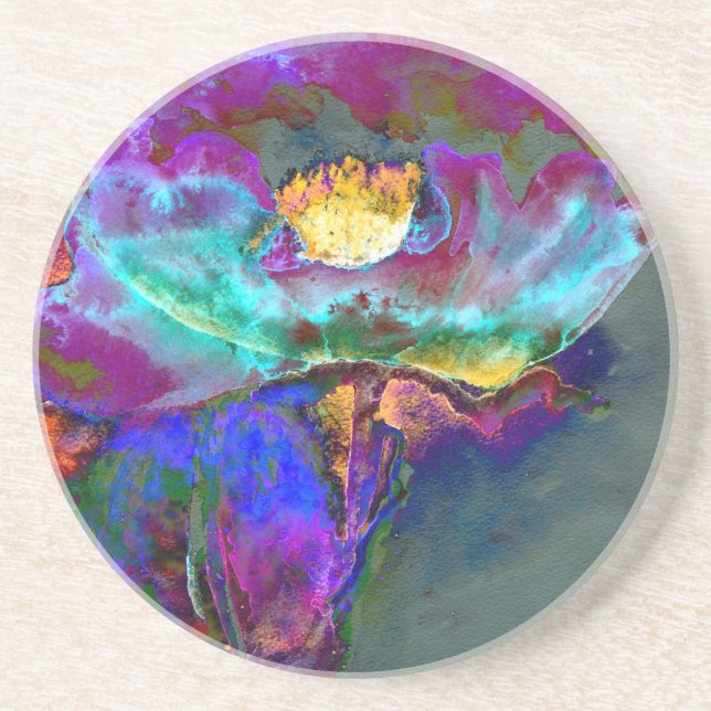 Romantic elegant purple teal flower painting coaster (Front)