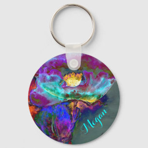 Romantic elegant purple teal flower painting keychain