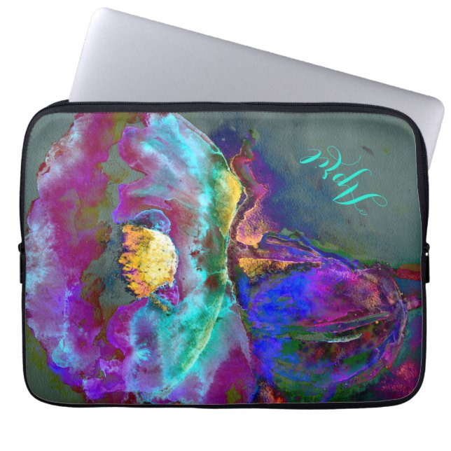 Romantic elegant purple teal flower painting laptop sleeve (Front)
