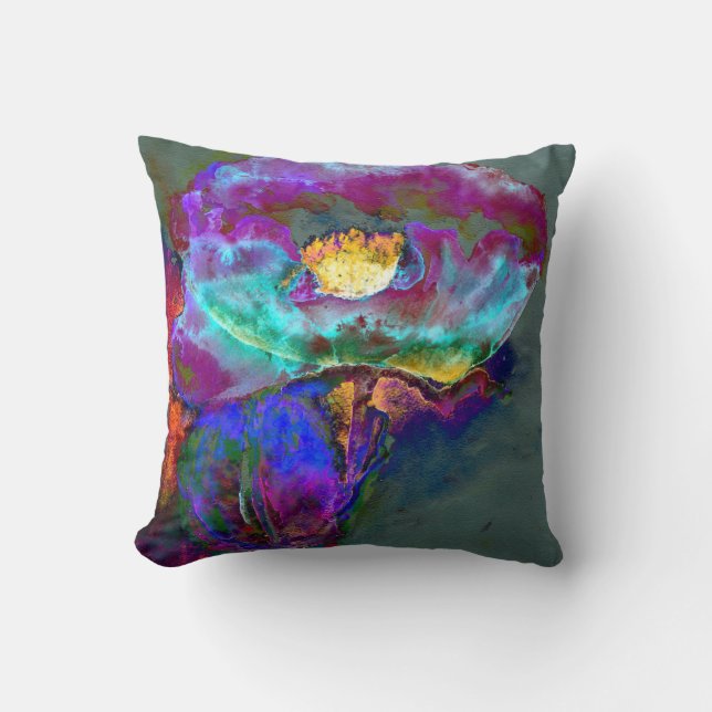 Romantic elegant purple teal flower painting throw pillow (Front)