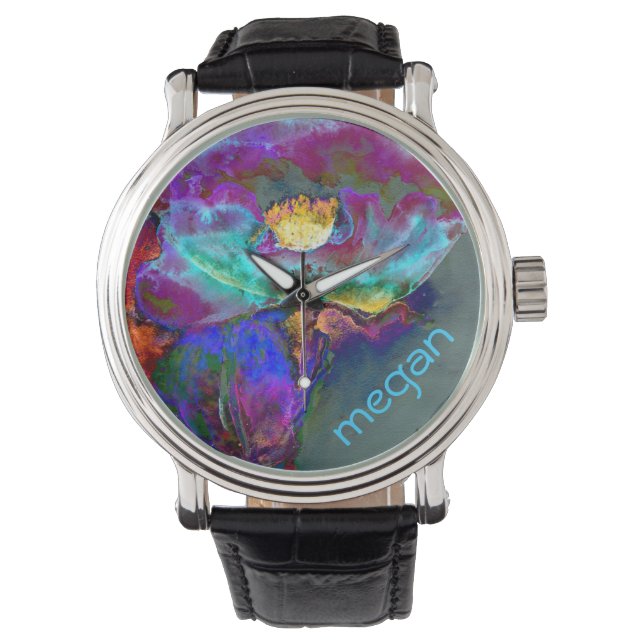 Romantic elegant purple teal flower painting watch (Front)