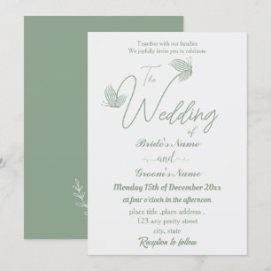 Romantic elegant sage green butterflies wedding invitation