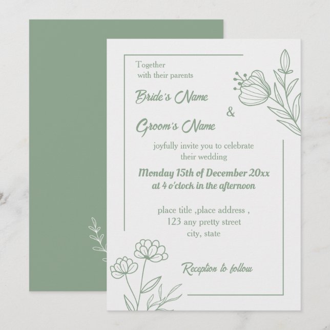 Romantic elegant sage green floral wedding invitation (Front/Back)