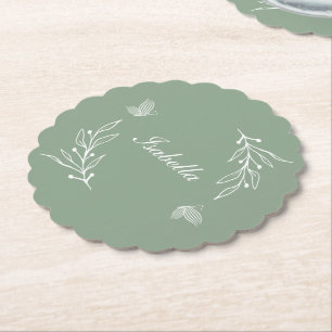 Romantic elegant sage green floral wedding paper coaster