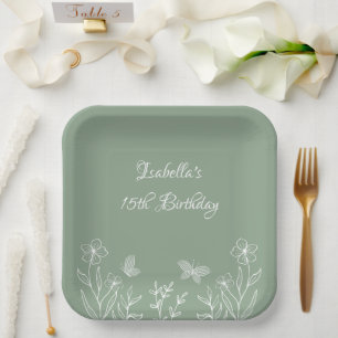 Romantic elegant sage green floral wedding paper plate
