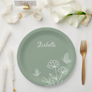 Romantic elegant sage green floral wedding paper plate