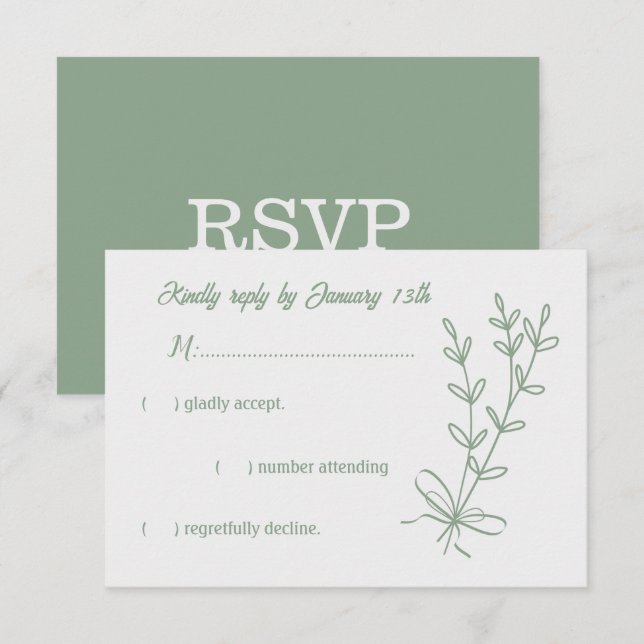 Romantic elegant sage green floral wedding RSVP card (Front/Back)