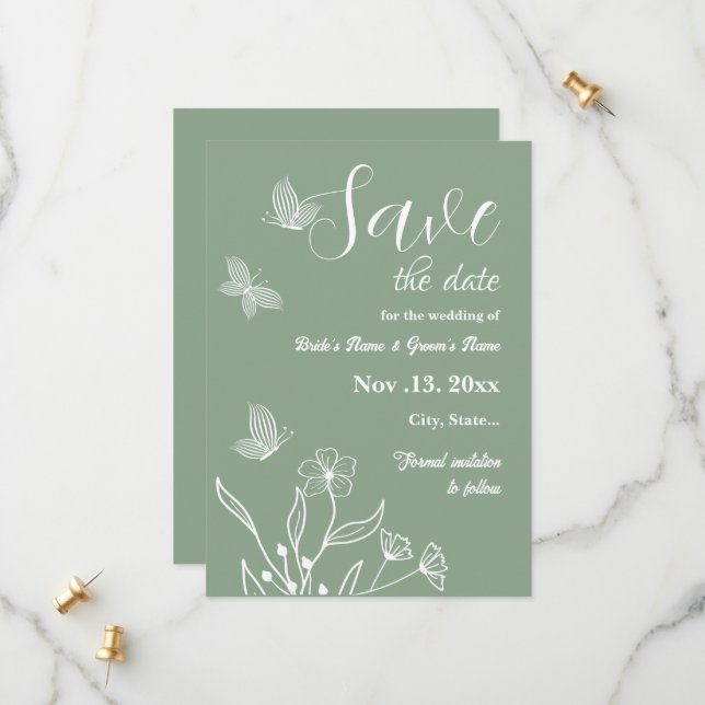 Romantic elegant sage green floral wedding save the date (Front/Back In Situ)