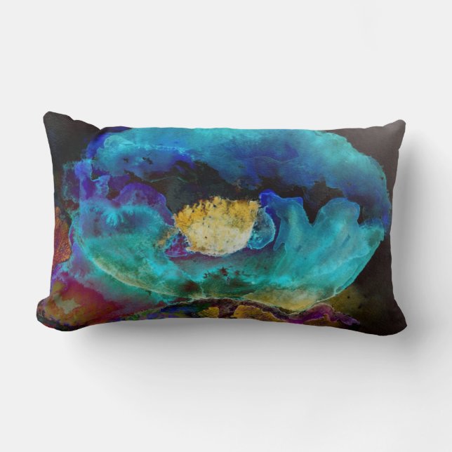 Romantic elegant teal floral watercolor painting lumbar pillow (Front)