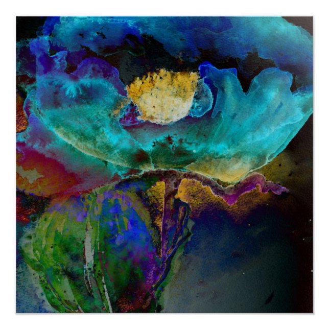 Romantic elegant teal floral watercolor painting poster (Front)