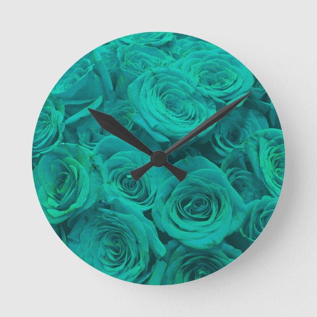 Romantic elegant teal - green  roses round clock (Front)