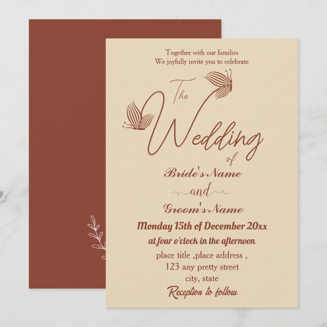 Romantic elegant terracotta butterflies wedding invitation (Front/Back)