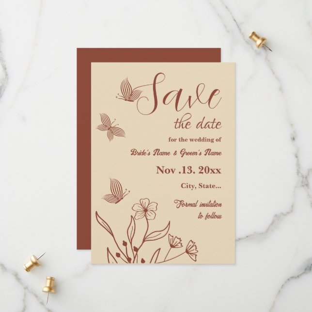 Romantic elegant terracotta floral wedding save the date (Front/Back In Situ)