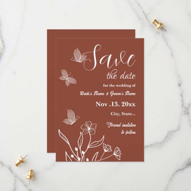 Romantic elegant terracotta floral wedding save the date (Front/Back In Situ)