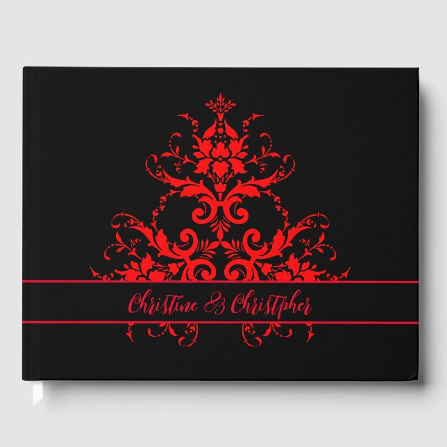 Romantic, Elegant Vintage Red  Damask Wedding Guest Book (Front)