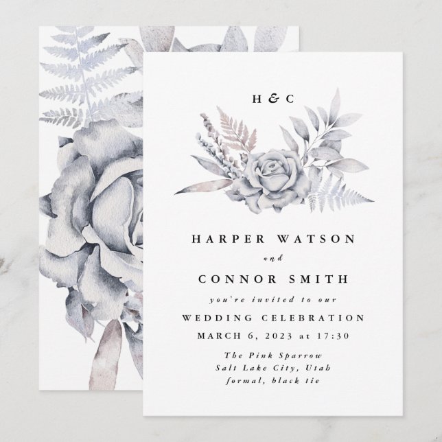 Romantic Elegant Watercolor Muted Floral Wedding Invitation (Front/Back)