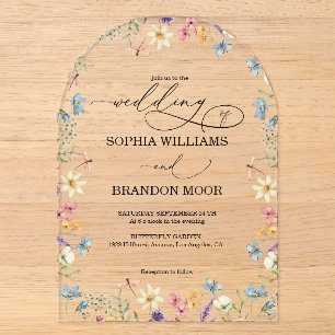 Romantic Elegant Wildflowers Butterfly Wedding  Acrylic Invitations