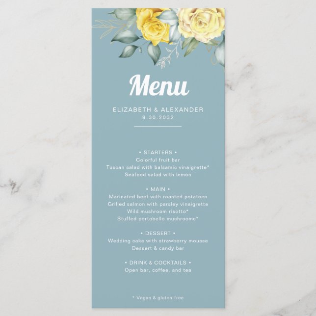 Romantic elegant yellow roses watercolor wedding menu (Front)
